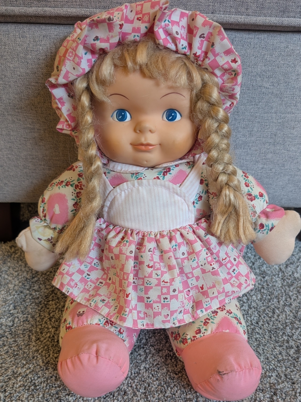 Vtg DanDee Soft Body Doll Plush Rubber Face Blonde Braids Pink Dress 17" RARE